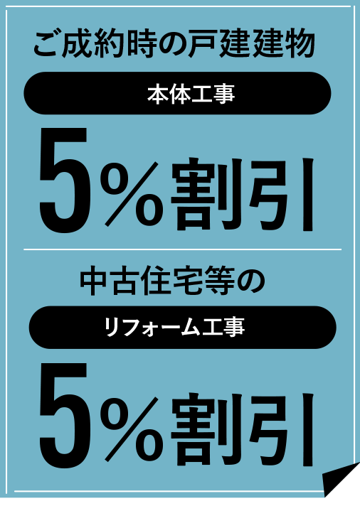 ご成約時の戸建建物本体工事5％割引、中古住宅等のリフォーム工事5％割引